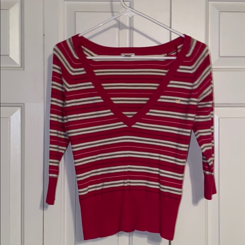 American Eagle Striped v neck 3/4 Sweater